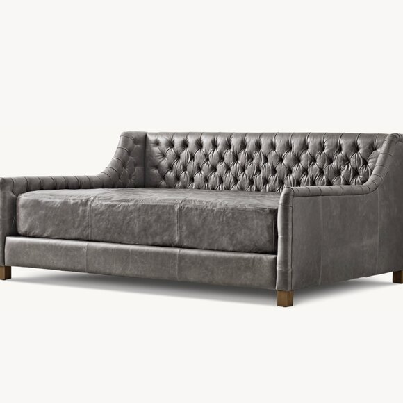 RH Teen Daybed Mattress Leather Slipcover queen/pewter